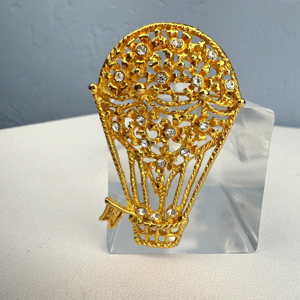 Vintage Gold Tone Hot Air Balloon Brooch Rhinestone Filigree Pin Costume Jewelry